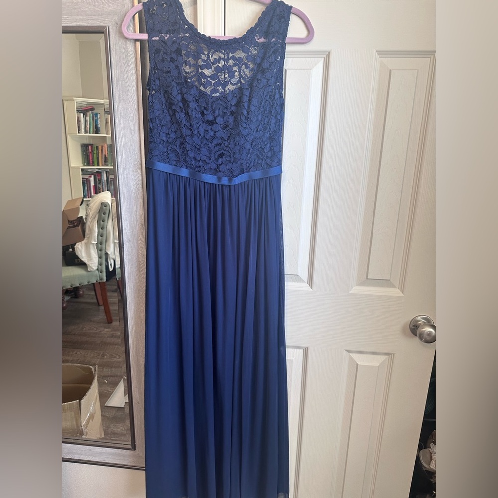 Navy David’s bridal bridesmaids dress